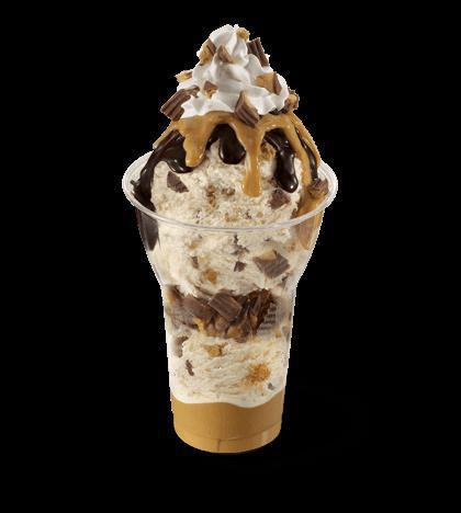 Reese's Peanut Butter Cup Layered Sundae · 3 scoops of Reese's Peanut Butter Cup Ice Cream topped with layers of Reese's peanut butter sauce, chopped Reese's peanut butter cups, and hot fudge! Delivered products will not include whipped cream.