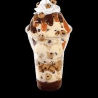 Chocolate Chip Cookie Dough Sundae · 3 scoops of chocolate chip cookie dough ice cream with layers of hot fudge and cookie dough ...