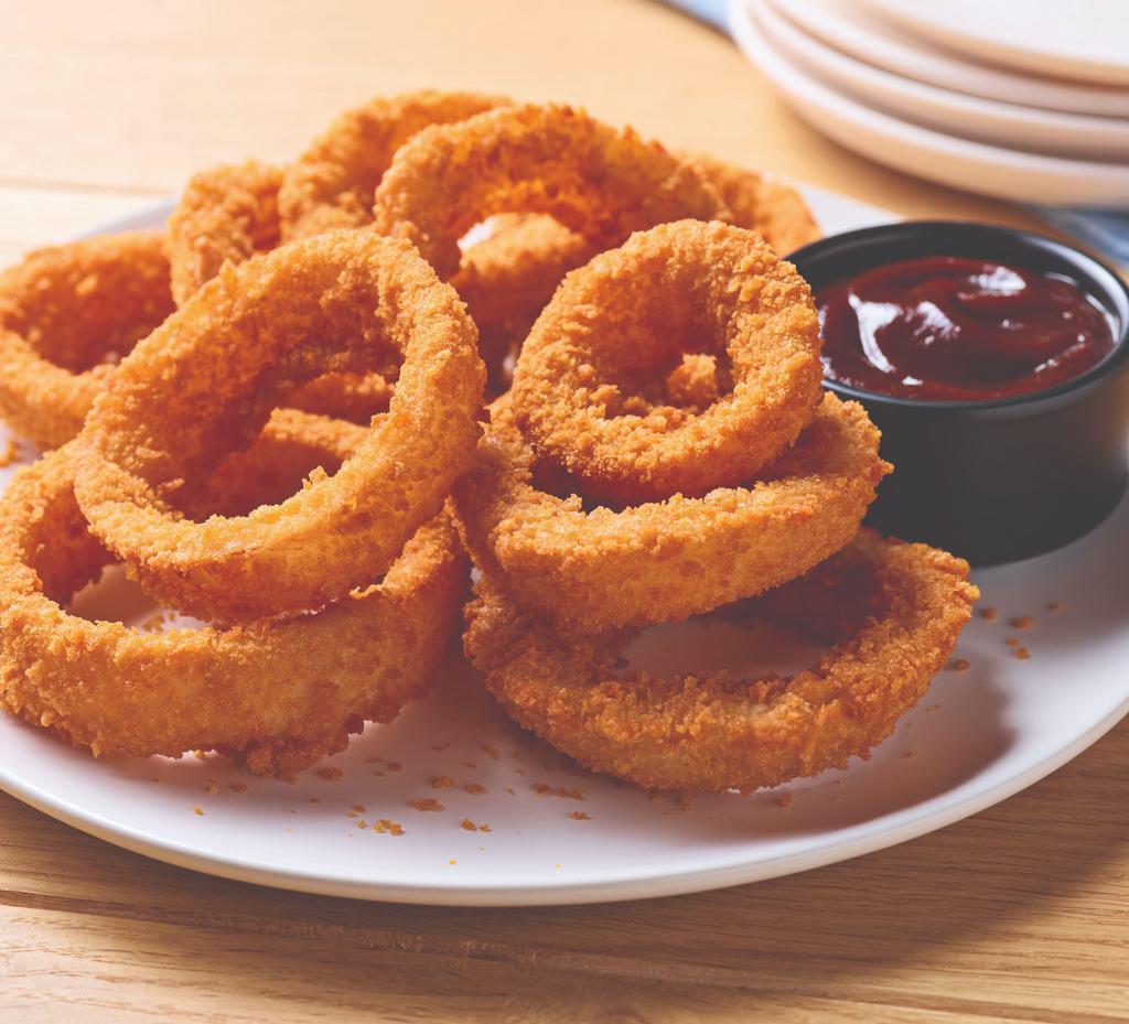 Crunchy Onion Rings · Served with honey BBQ sauce.