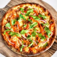1 Step Beyond Pizza · Mozzarella, housemade Beyond Meat sausage, roasted red bell peppers, red onions, wild baby a...