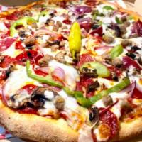 Supreme Pizza  · Mushroom, onions, bell peppers, beef pepperoni, beef salami and beef sausage. 
