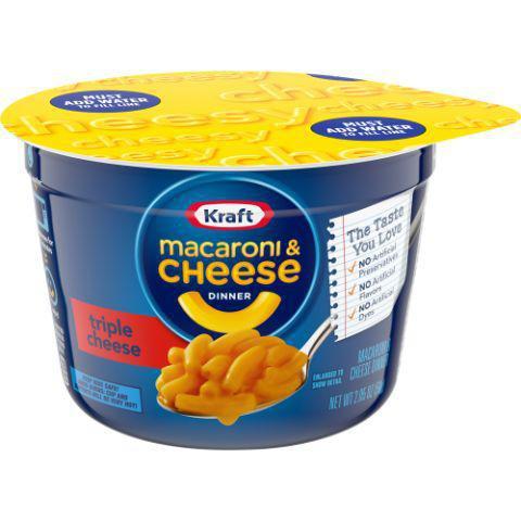 Kraft Easy Mac Cup Triple Cheese 2.05oz · Three creamy and delicious cheeses combine in a convenient microwavable cup. Made with no artificial flavors, dyes, or preservatives.