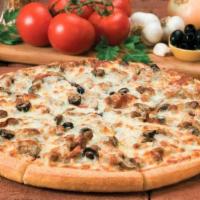 Godfather's House Combo Pizza · Pepperoni, beef, sausage, onions, black olives, mushrooms, and mozzarella cheese.