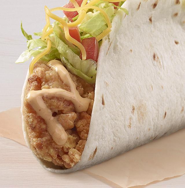 Cantina Crispy Chicken Taco with Chipotle · A flour tortilla filled with crispy chicken, lettuce, tomatoes, cheddar cheese, and creamy chipotle sauce.
