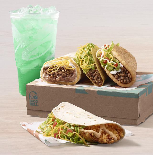 Cantina Crispy Chicken Taco Deluxe Box · Includes a Cantina Crispy Chicken Taco with creamy chipotle or avocado ranch sauce, a Chalupa Supreme with seasoned beef, a Beefy 5-Layer Burrito, a Crunchy Taco, and a Medium fountain drink.