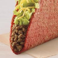 Flamin' Hot® Cool Ranch® Doritos® Locos Tacos · A Flamin’ Hot® Cool Ranch® Doritos® Locos Tacos shell filled with seasoned beef, lettuce, an...