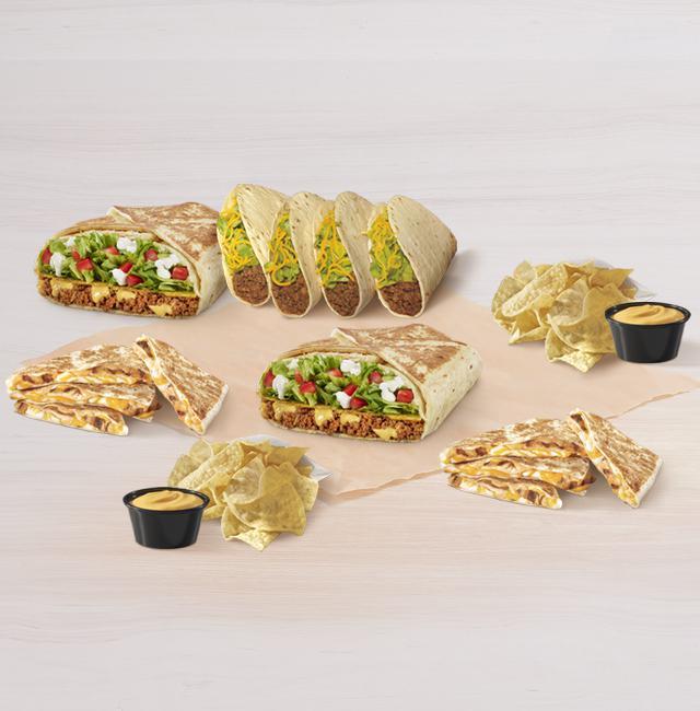 Meal for 4 · Includes two Crunchwrap Supremes®, two Chicken Quesadillas, four Soft Tacos, and two orders of chips and nacho cheese sauce. Set max quantities to add item to cart.