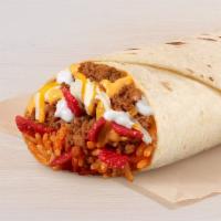 Beefy Melt Burrito · Seasoned Rice, Seasoned Beef, Nacho Cheese Sauce, Fiesta Strips, Three Cheese Blend, Reduced...