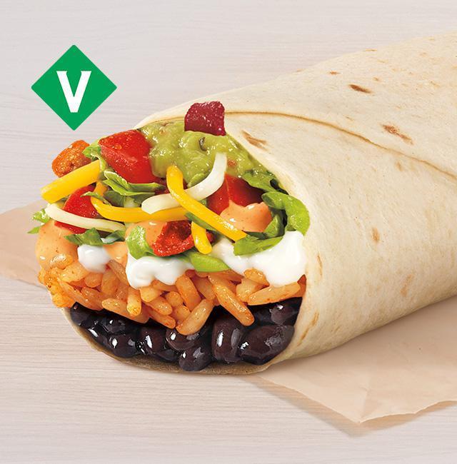Fiesta Veggie Burrito · The Fiesta Veggie Burrito comes with Seasoned Rice, Black Beans, Red Strips, Creamy Chipotle Sauce, Reduced-Fat Sour Cream, a Three-Cheese Blend, Tomatoes, and Guacamole.
