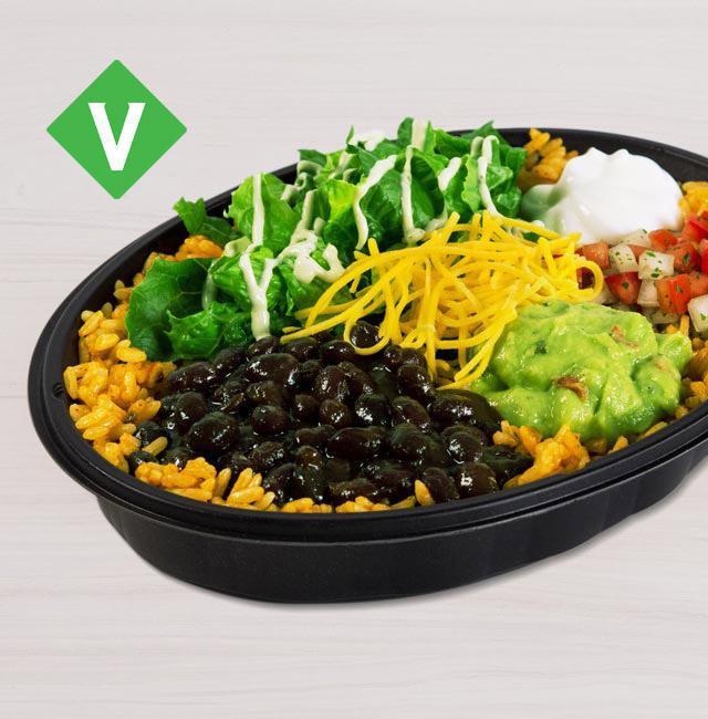 Power Menu Bowl - Veggie · Seasoned rice and black beans topped with avocado ranch sauce, reduced-fat sour cream, lettuce, tomatoes, real cheddar cheese and guacamole.
