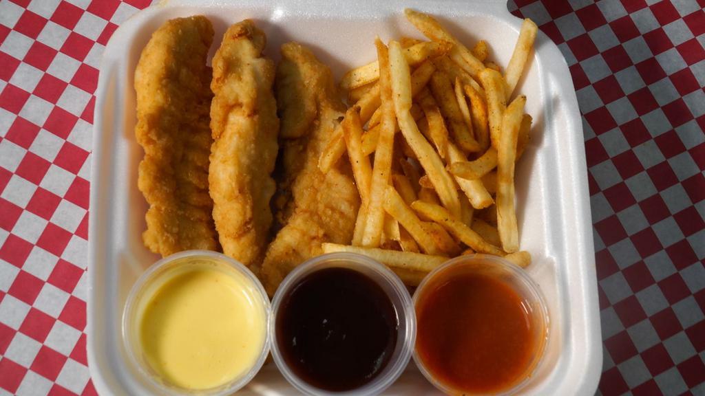 Chicken Tenders with Fries Combo · 3 crispy chicken tenders, French Fries and 1 Small Can Drink. 
Comes with 1 sauce. Pick your favorite dipping sauce. 