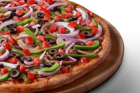 Classic Vegetarian Gluten Free Pizza · Signature red tomato sauce on our original crust, topped with mozzarella cheese, mushrooms, red onions, green peppers, black olives, fresh roma tomatoes, salt, and pepper.