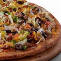 Beef Taco Pizza · Taco sauce on our original crust, topped with cheddar and mozzarella cheeses, beef, lettuce,...