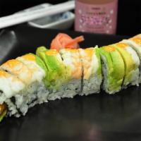 Double Double Roll · Shrimp tempura, avocado, cucumber; avocado, shrimp on top, and spicy sauce.
