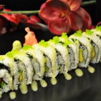 Evergreen Roll · Avocado, white fish, cucumber, lettuce, yellow radish, kanpyo tobiko on top; and wasabi sauce.