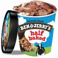 Ben & Jerry’s Half Baked®️ Ice Cream Pint · Chocolate & Vanilla Creams with Gobs of Chocolate Chip Cookie Dough & Fudge Brownies