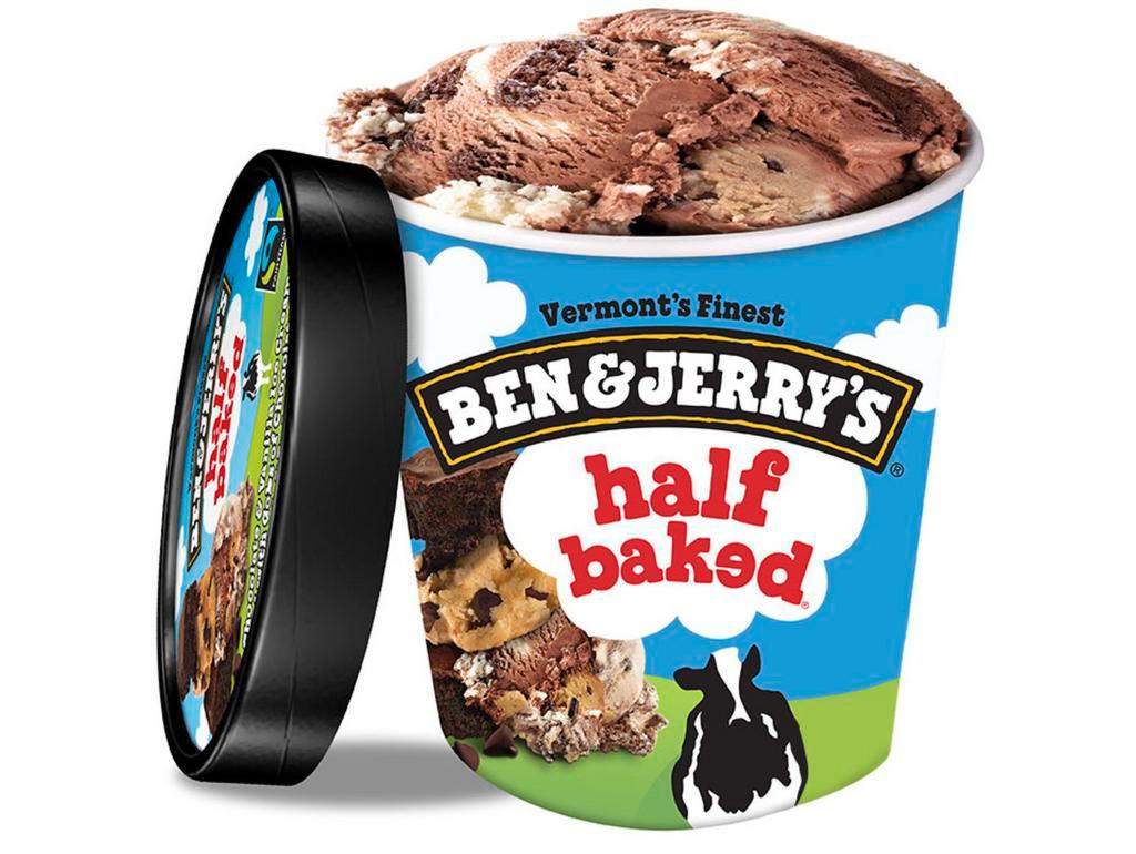 Ben & Jerry's Half Baked Ice Cream Pint · Chocolate & Vanilla Creams with Gobs of Chocolate Chip Cookie Dough & Fudge Brownies