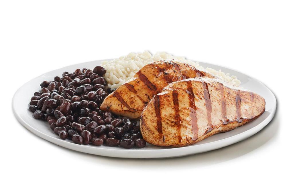 Boneless Chicken Breasts Platter · Two skinless, boneless all-white meat chicken breasts are marinated and grilled for a delicious, low-fat meal option  with choice of one side
