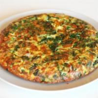 Tortilla Mixta · Omelette made with tomato, green peppers, onions, cheese & chorizo