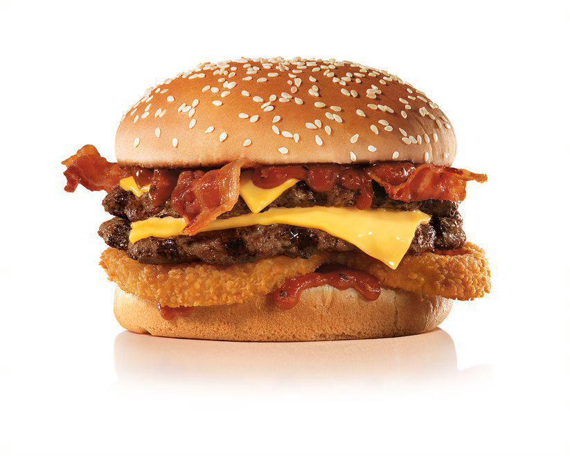Double Western Bacon Cheeseburger · 2 charbroiled all-beef patties, 2 strips of bacon, 2 slices of melted American cheese, crispy onion rings and tangy BBQ sauce on a seeded bun.
