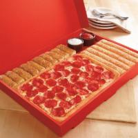Big Dinner Box · One medium rectangular 1-topping pizza, 5 breadsticks with marinara dipping sauce, and 10 ci...