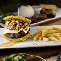 Velez Jibarito Burger · Our juicy burger topped with shredded pork, cheese, cilantro sauce and pink sauce between to...