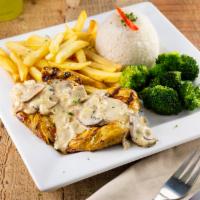 Pollo con salsa champiñones · Grilled chicken topped with our homemade mushroom sauce served with rice, french fries and b...
