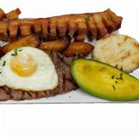 Bandeja Paisa · Top round steak served with rice, beans, fried egg, sweet plantains, Colombian sausage, pork...