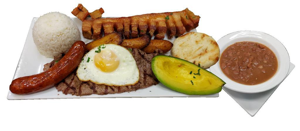 Bandeja Paisa · Top round steak served with rice, beans, fried egg, sweet plantains, Colombian sausage, pork belly, avocado and corn cake.
