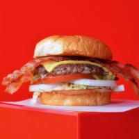 Bacon Smash Cheeseburger · Juicy, grilled beef burger smashed to perfection with American cheese, smoked bacon, fresh s...