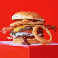 Super Smash BBQ Bacon Cheeseburger · Juicy, grilled beef burger smashed to perfection with Cheddar cheese, smoked bacon, crispy o...