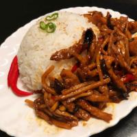 Rice topped w. Pork in Spicy Garlic Sauce · shredded pork in spicy garlic sauce, rice.