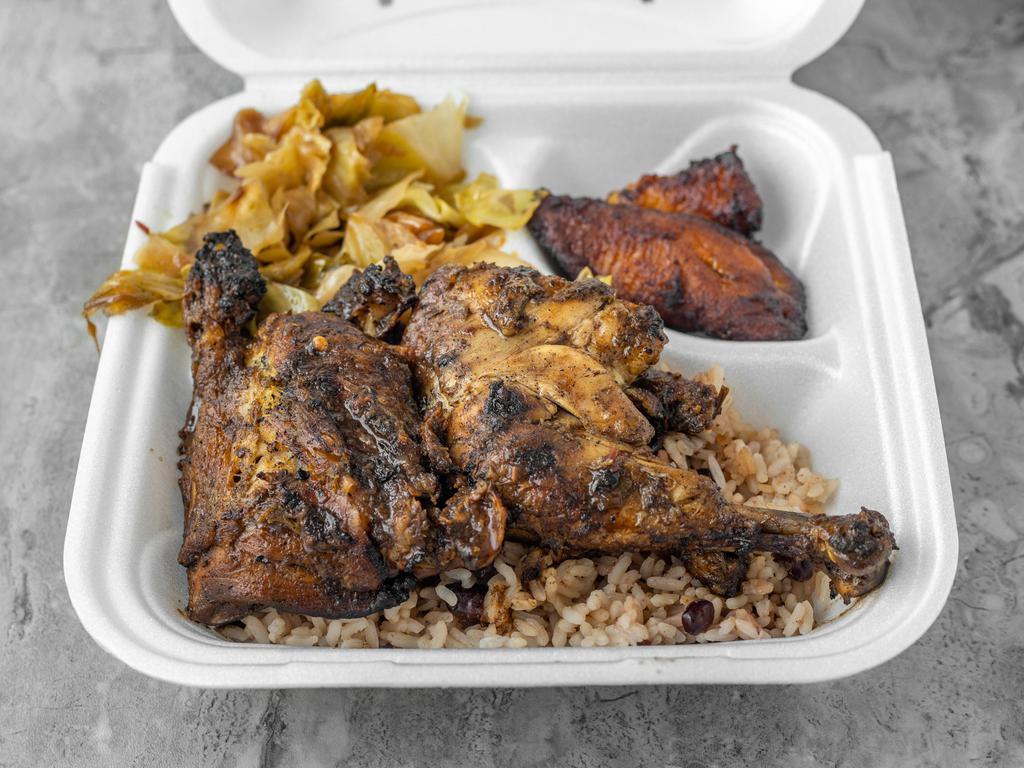 Pineapple Jerk Chicken Meal · Served with rice, peas, cabbage, and plantains.