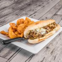 Philly Cheese Chicken Sandwich  · Sliced grilled chicken, mushrooms, bell peppers, and provolone cheese on a hoagie bun.