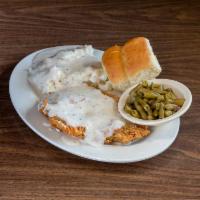 Chicken Fried Steak with 3 Sides · Choice round steak hand breaded in homemade batter and topped with white gravy.