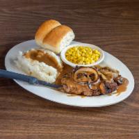 1/2 lb. Hamburger Steak with 3 Sides · Seasoned hamburger steak with grilled onion cover with brown gravy.