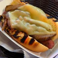 Havana Cubano Hot Dog · Grilled hot dog, roasted pork, swiss cheese, mustard, chopped pickles, toasted potato bun.