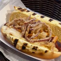 Bavarian Dog · Grilled hot dog, cheese sauce, crush pretzels, mustard, crispy fried onions, toasted potato ...