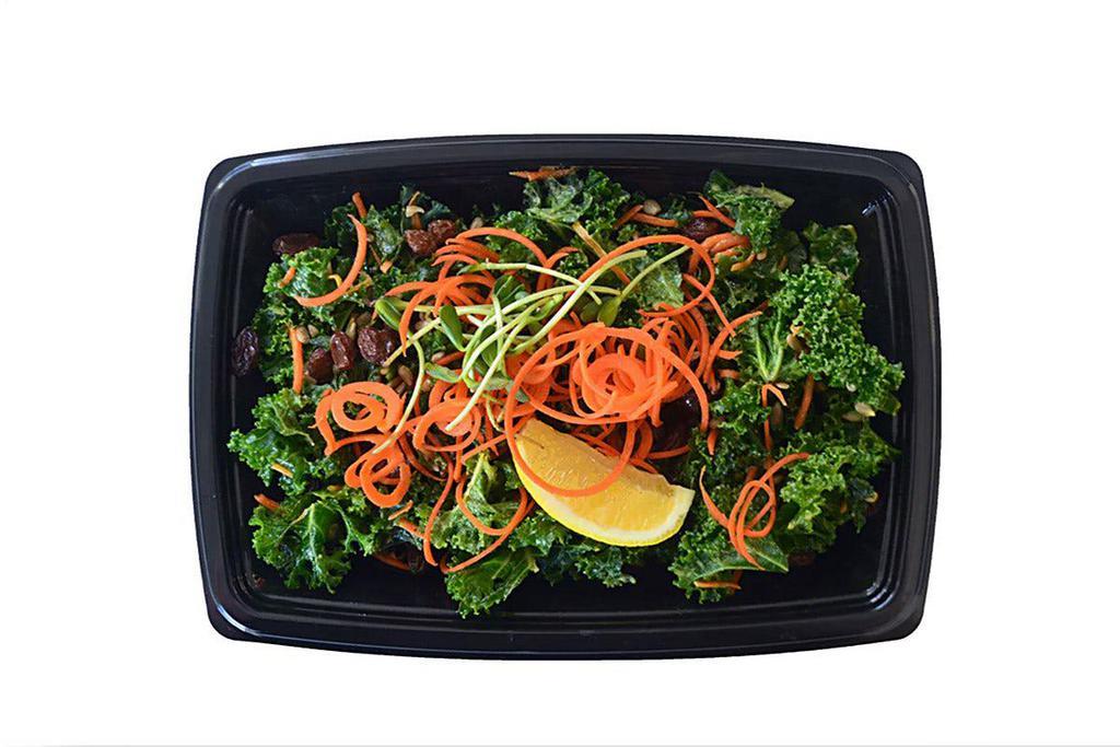 Kale Avocado Salad · Kale, avocado, sunflower greens, carrots, raisins, lemon, sunflower seeds, apple cider vinegar, lemon vinaigrette

Organic · Vegan · Gluten-Free
