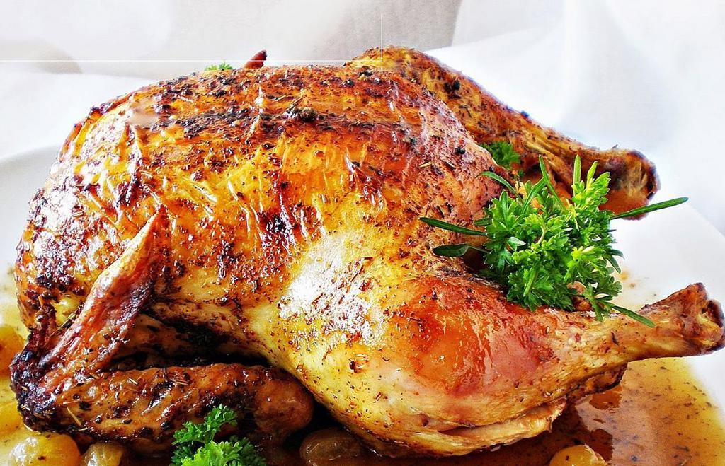 1. Pollo Entero al Horno · Whole roasted chicken. Choice of rice and beans, salad, steam vegetable, green plantain or french fries.