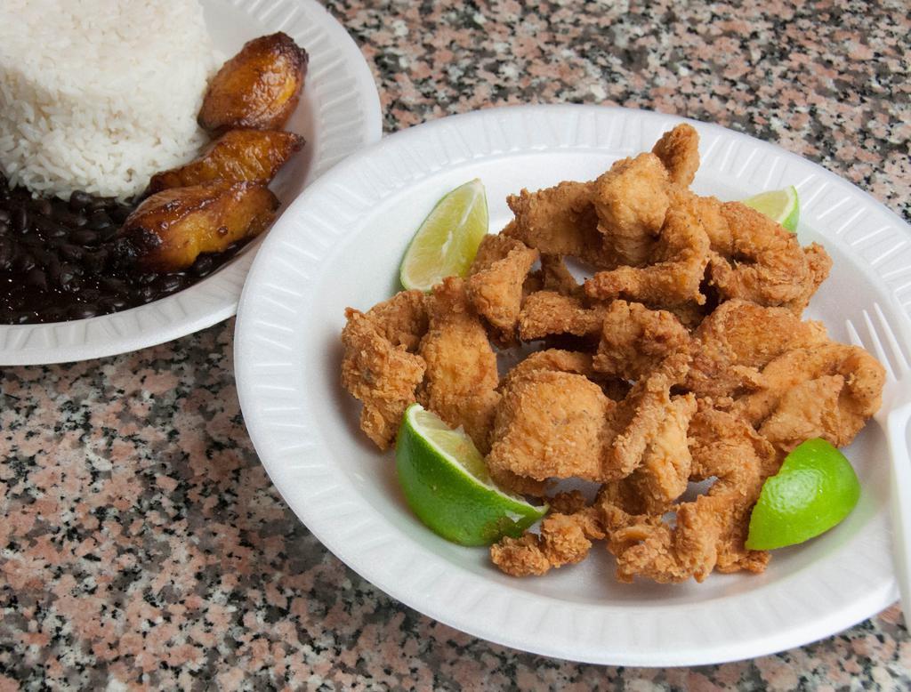 3. Chicharron de Pollo Sin Hueso · Fried chicken chunk boneless. Choice of rice and beans, salad, steam vegetable, green plantain or french fries.