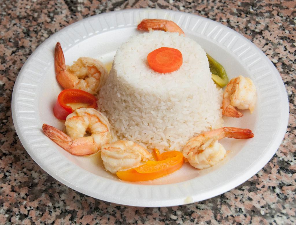 Plato de Camarones Platter · Shrimp platter. Choice of rice and beans, salad,  or steamed vegetables.