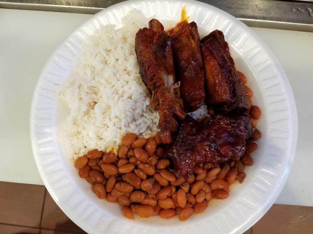 14. Costillas a la BBQ, Arroz and Habichuelas Lunch Special · BBQ ribs, rice and beans.
