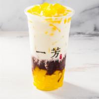 Sweet Red Bean Jelly Cake Latte 蜜紅豆粉粿鮮奶 · A Traditional Taiwan Dessert like drink served with handmade chewy jelly cake with Wan Dan s...