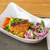Blackened Salmon Salad · Cherry tomatoes, avocado, corn, and red onions.