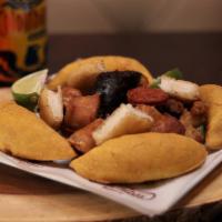 Mini Picada Mixed Platter · Pork Belly Bites, Sausage, Black Blood Sausage, Corn Cake and Mini Empanadas
