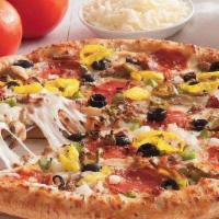LOADED PIZZA · You won’t make it to the car without a bite. Our Loaded Pizza is topped generously with Ital...