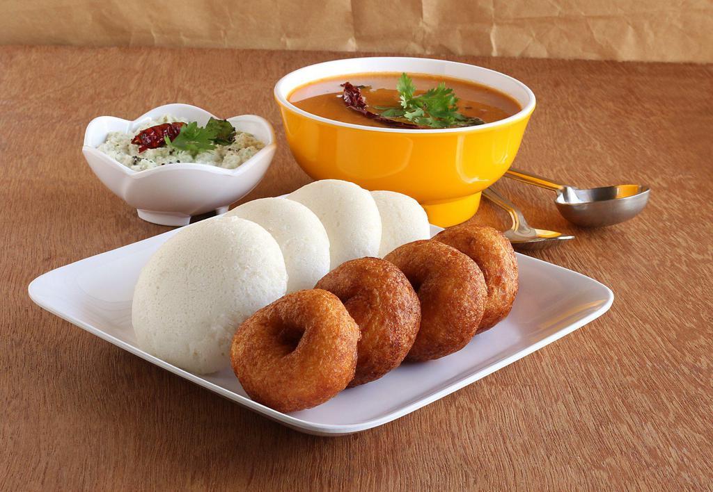 Idly and Vaada Combo · 2 idli and 1 vadai served with 2 chutneys and sambar.