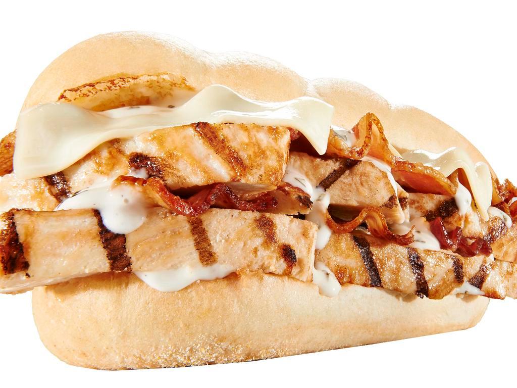 Chicken Bacon and Ranch Sandwich · ALL NATURAL CHICKEN, bacon, ranch, & Swiss American cheese.
7