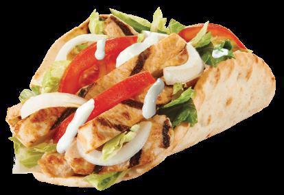 Chicken Pita · ALL NATURAL chicken with lettuce, tomato, onion, and mayo wrapped in a warm pita. 521 cal.